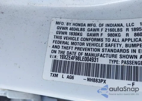 2020 Honda Insight Touring z USA, uszkodzony, nr VIN 19XZE4F98LE004931